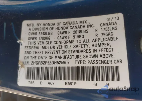 2013 Honda Civic Lx из США, поврежденный, VIN 2HGFB2F52DH525907